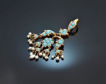 Large victorian pendant with turquoise seed pearls made of 750 gold around 1900