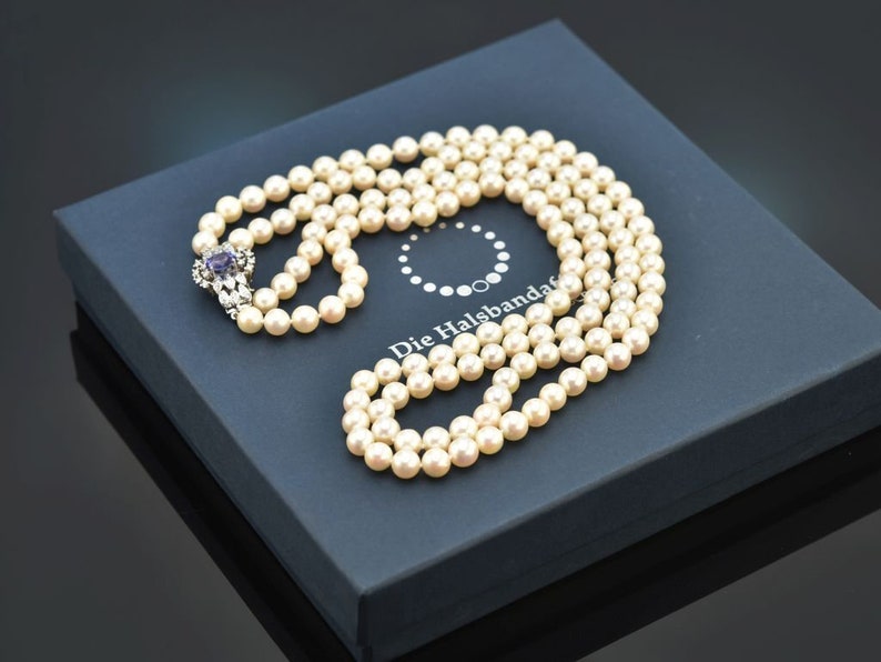 Two-row akoya cultured pearl necklace with tanzanite and diamonds gold 585 1975 image 7