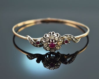 Historical bangle with rubies and diamond roses made of gold 585 silver around 1890