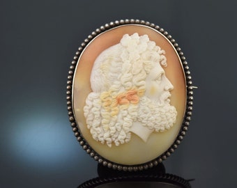 Antique shell cameo brooch in silver with portrait of zeus england around 1850