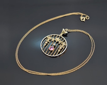 Pendant with chain seed pearls and tourmaline of gold 375 england around 1900