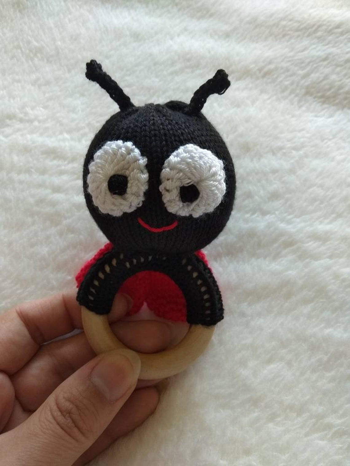 Small Ladybug Baby Rattle Toy on Wooden Teething Ring Etsy