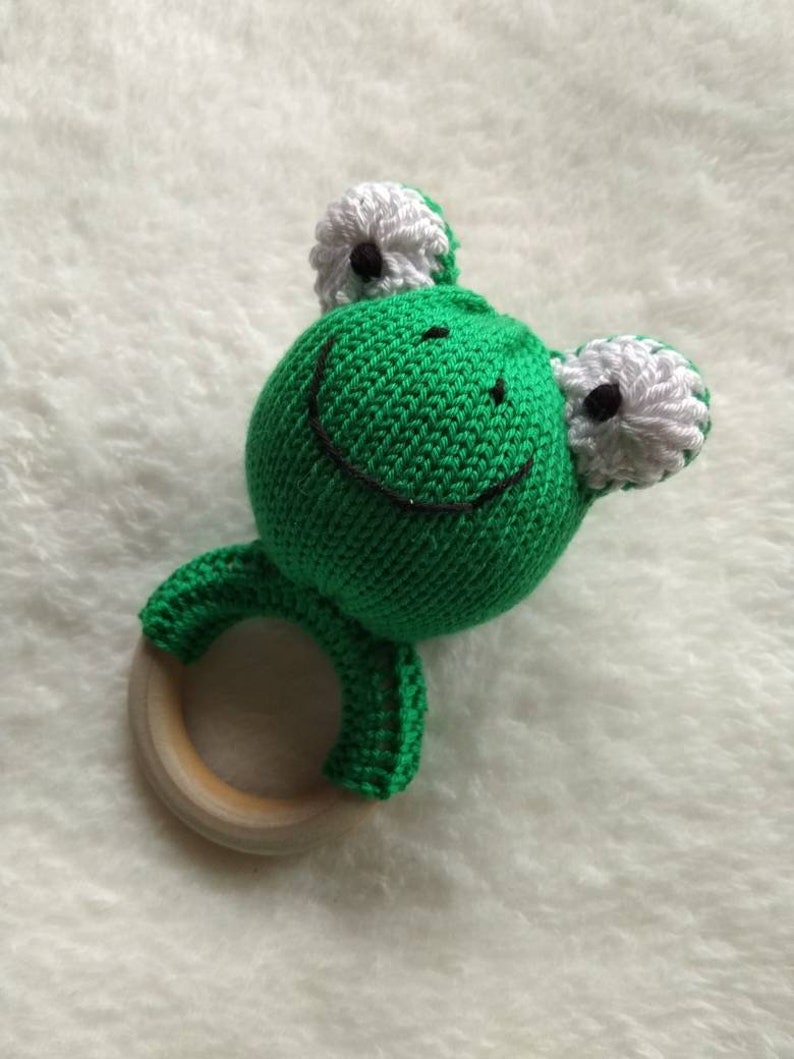 Small Knitted Green Frog Baby Rattle Toy on Wooden Teething Etsy