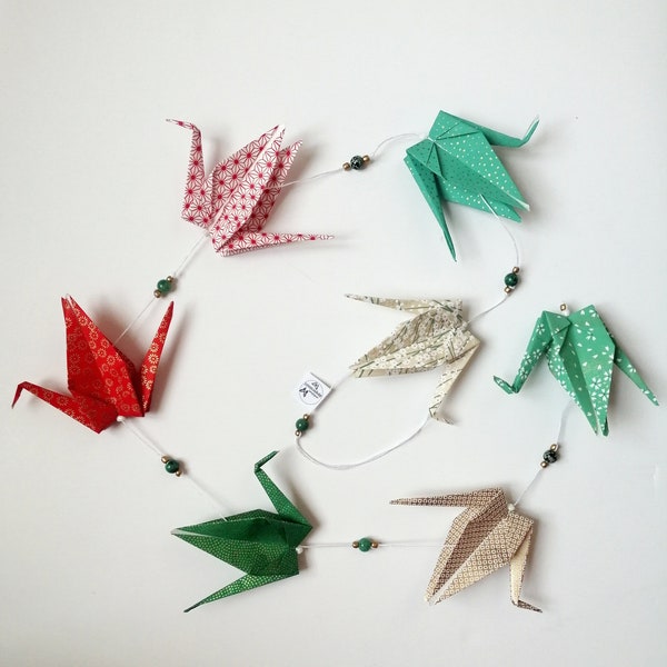 Guirlande de GRUES en ORIGAMI - guirlande décorative de 7 grues en papier japonais et perles en verre