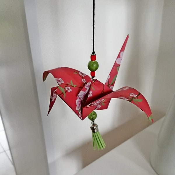 Suspension décorative de grue en origami avec perles en verre et pompon cuir