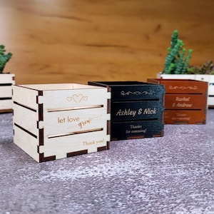 Wedding succulents boxes custom engraved, Party favors in bulk, Personalized plywood mini boxes, Tiny wooden cacti pots, Wedding table decor