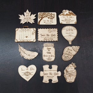 Custom Save the Date Holz Magnet Form von Heißluftballon, Berge, Postkarte, Ahornblatt, Cupcake, Feder, Herz, Muschel, Hochzeitsmagneten