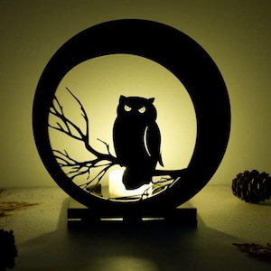 Owl shaped tealight candle holder, Wooden Jack-o-Lantern handmade, Halloween lantern for pumpkin candles, Spooky Halloween party home decor