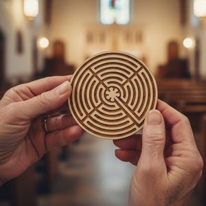 May include: A circular wooden labyrinth, held in two hands. The design features a series of concentric circles leading to a central point. The background is a blurred church interior, with pews and a stained-glass window.
