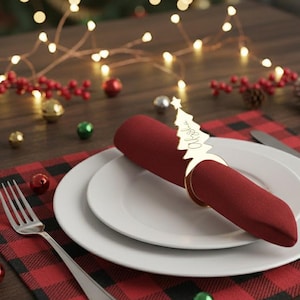 Servilletero con forma de árbol de Navidad y nombre personalizado, decoración festiva para platos, servilleteros navideños personalizados, detalles de mesa para invitados