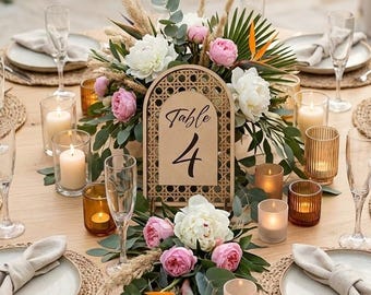 Numéro de table en rotin, numéros de table en arc de mariage personnalisés, numéros de table ovales des deux côtés, panneaux de mariage en rotin, numéros de table bohème