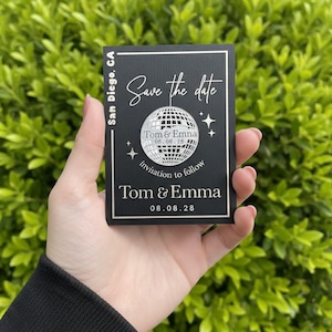 Retro dance ball save the dates, Acrylic disco ball magnets, Personalized musical invitations, Mirror ball date reminders, Wedding favors
