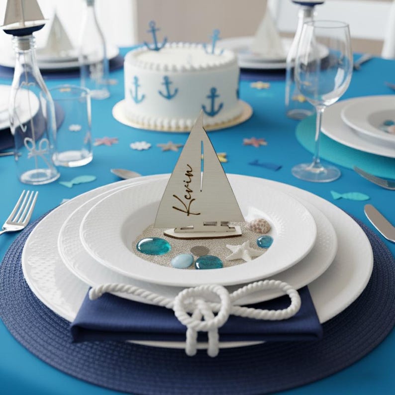 May include: A wooden sailboat place card with the name Kevin laser-cut into the sail, resting on a white plate filled with sand, blue glass pebbles, and a small starfish. A white rope knot napkin ring secures a navy blue napkin on the plate.