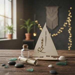 May include: A light-colored wooden sailboat cutout featuring the name Rowan in cursive script, accompanied by a small clear glass bottle containing a rolled paper scroll tied with twine, surrounded by several smooth dark and light sea stones.
