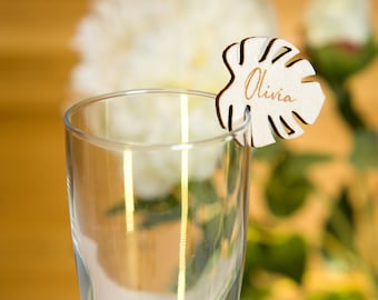 Monstera wedding wine charms, bridal shower glasses charms, custom name wine charms for baptism, birthday, monstera name tag, wine glass tag