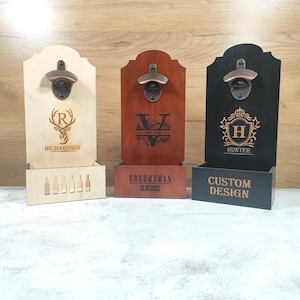 Wall mounted beer bottle opener, wooden beer opener, Father&#39;s Day gift, custom bottle opener gift, groomsmen gift, man cave gift, dad gift