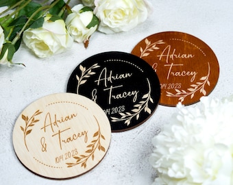 Hochzeitsgeschenke für Gäste, personalisierte Untersetzer für Hochzeit, Name & Datum Untersetzer Runde, kundenspezifische hölzerne Untersetzer, Boho Gastgeschenke Massen