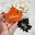 Maple leaf place card custom engraved, Thanksgiving name tag bundle, Autumn leaf birthday seating card, Wooden favors for Thanksgiving party product logo