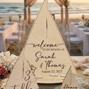 Charming sail boat name place cards, Coastal wedding favors, Nautical napkin holders, Maritime table decor, Custom wooden sailboat tags image 4