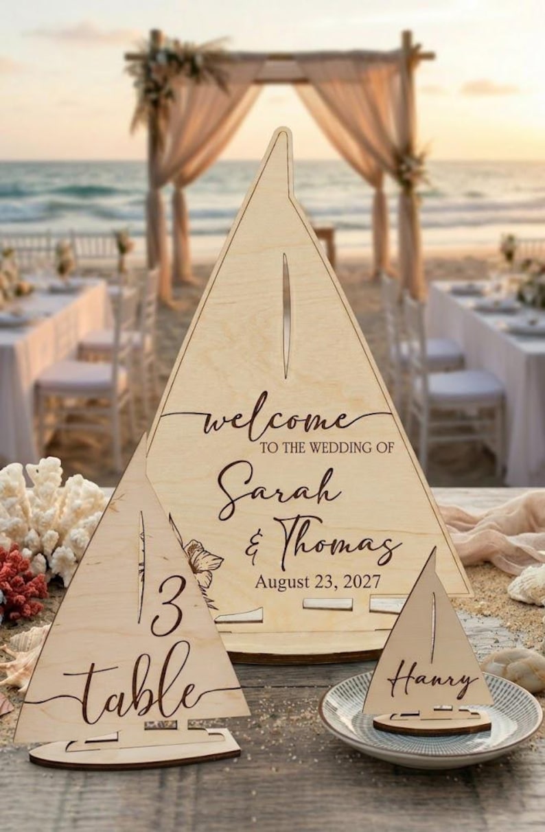 Charming sail boat name place cards, Coastal wedding favors, Nautical napkin holders, Maritime table decor, Custom wooden sailboat tags image 4