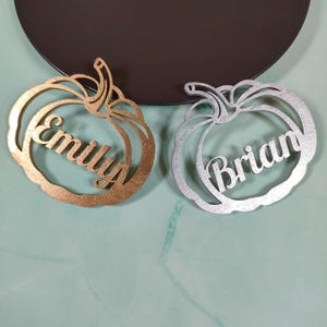 Pumpkin custom name place settings, thanksgiving table name cards, pumpkin party table decor, fall season name tag, autumn wedding name tags