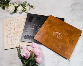 Personalisiertes Puzzle-Gästebuch, kundenspezifisches Puzzle-Empfangsbuch mit Hochzeitsschild, alternatives Hochzeitsgästebuch aus Holz, Hochzeitsgästebuch