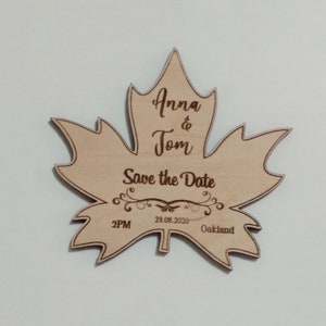 Benutzerdefinierte Holz Save the Date Magneten, einzigartige Hochzeit favorisiert Magnete, Ahornblatt Magnet oder 12 andere Designs, Hochzeitsmagnet Save the Date