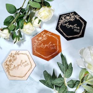 Plaatslabel bruiloft, zeshoekige bruiloftsonderzetters, gepersonaliseerde trouwbedankjes, decor eenheidsceremonie, onderzetters vrijgezellenfeest, couvert tafel