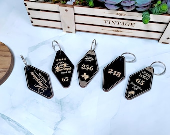Black rhombus keychain, Personalized wooden key holders in bulk, Custom logo keychain for hotels, motels, hostels, Custom text key tags
