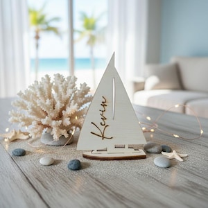 Charming sail boat name place cards, Coastal wedding favors, Nautical napkin holders, Maritime table decor, Custom wooden sailboat tags image 15