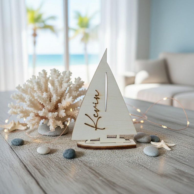 Charming sail boat name place cards, Coastal wedding favors, Nautical napkin holders, Maritime table decor, Custom wooden sailboat tags image 15