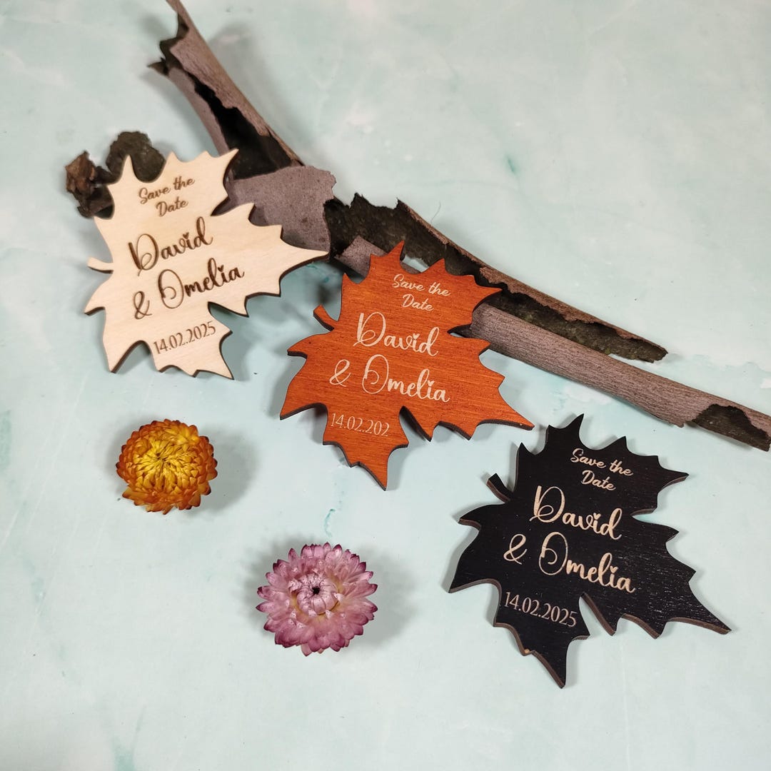 Maple Leaf Save the Date Wood Magnet, Custom Engraved Autumn Wedding ...