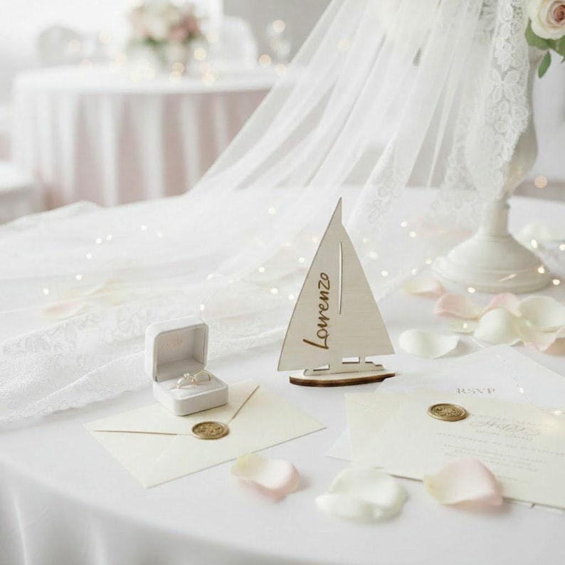 May include: A wooden sailboat-shaped table decoration featuring the name Lorenzo engraved in script, positioned next to a white ring box containing a ring, a cream-colored envelope with a gold wax seal, and a matching RSVP card on a white cloth.
