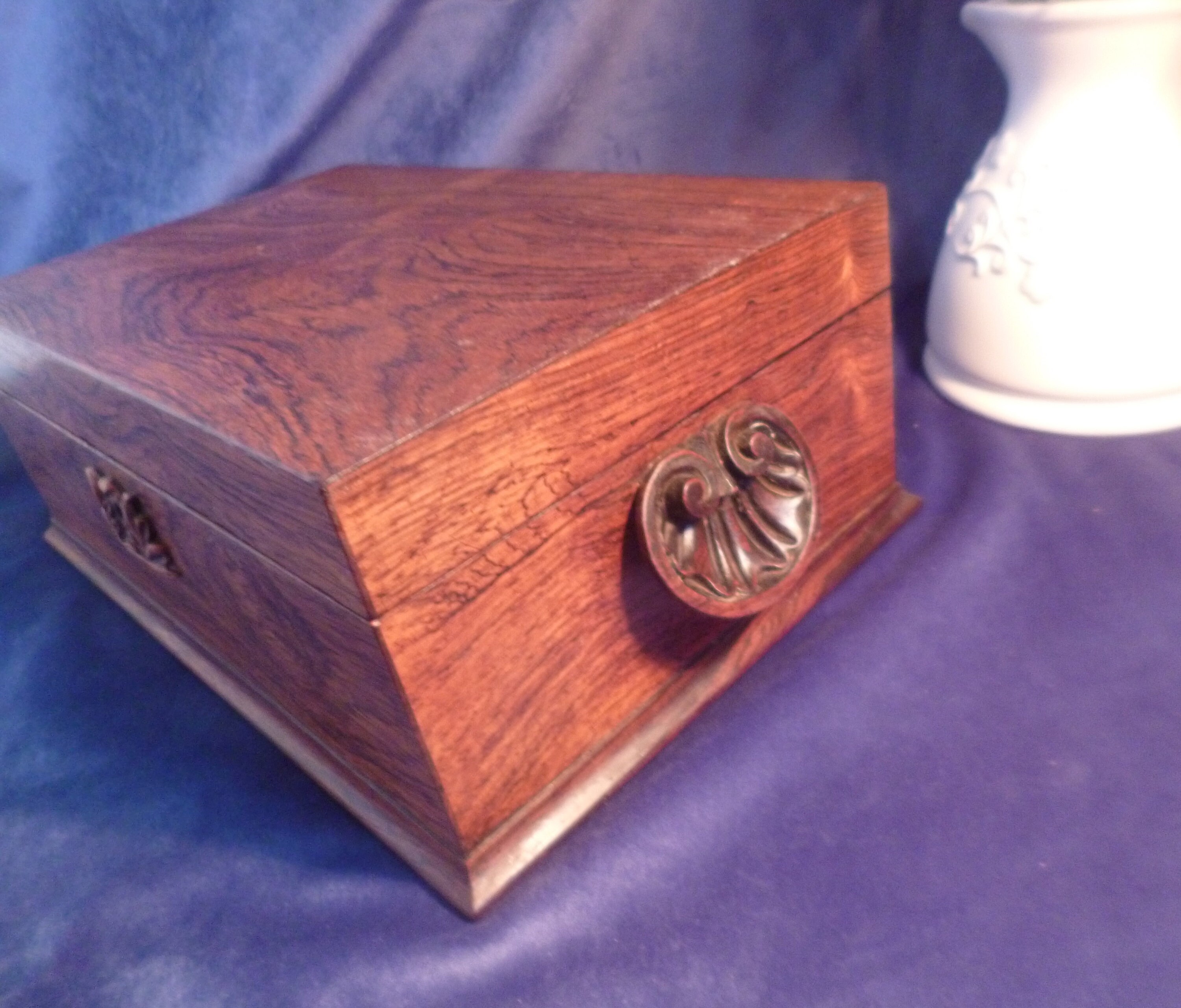 Large Antique 19th Century Rosewood Box With Carved Handles and Carved