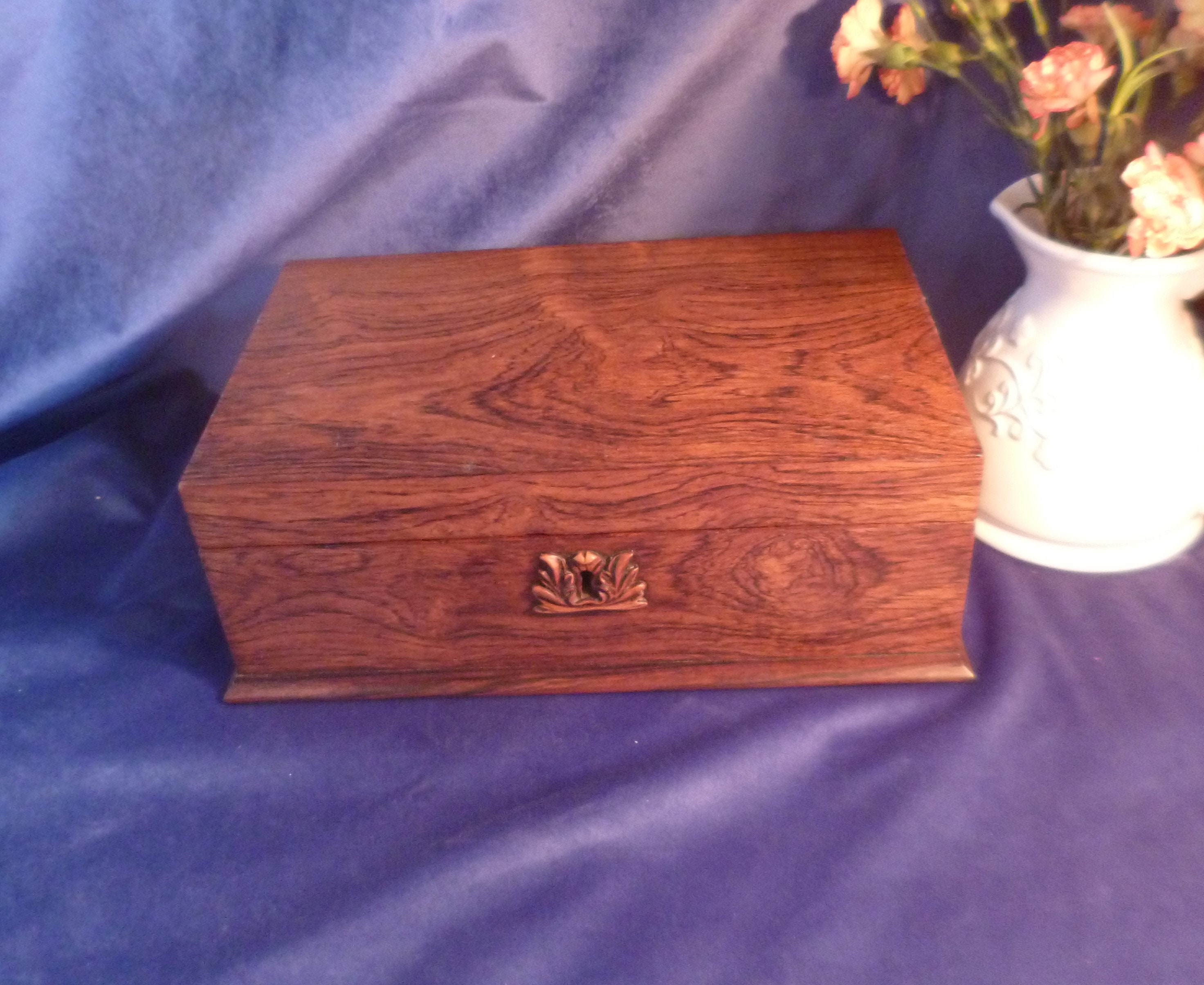 Large Antique 19th Century Rosewood Box With Carved Handles and Carved