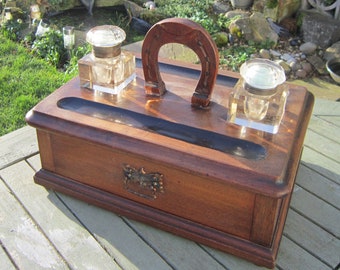 Large Victorian Antique Mahogany Desk Stand with Inkwells and Horseshoe Shaped Handle