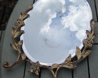 Vintage Wall/Dressing Mirror with Rococo Style Gold Coloured Metal Frame