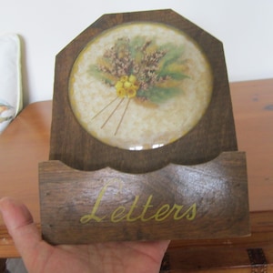 Unusual Vintage Wooden Letter Rack with Glass Dome & Dried Flowers