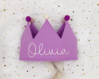 Lilac Personalised Party Crown with Pom Poms, First Birthday Crown, Children's Dress Up, Gift for Baby, Custom Cotton Crown