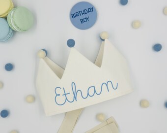 Ivory Personalised Party Crown with Pom Poms, First Birthday Crown, Children's Dress Up, Gift for Baby, Custom Cotton Crown