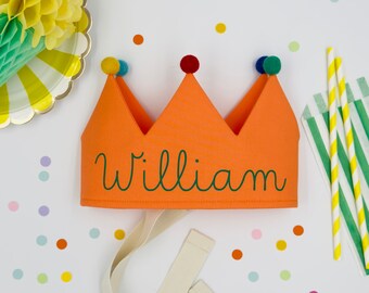 Orange Personalised Party Crown with Pom Poms, First Birthday Crown, Children's Dress Up, Gift for Baby, Custom Cotton Crown
