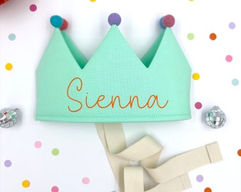 Mint Personalised Pom Pom Party Crown, First Birthday Crown, Children's Dress Up, Gift for Baby, Custom Cotton Crown