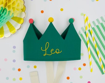 Green Personalised Party Crown with Pom Poms, First Birthday Crown, Children's Dress Up, Gift for Baby, Custom Cotton Crown