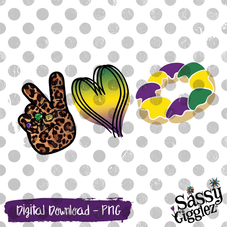 Pode incluir: Um download digital de tr&ecirc;s imagens: um sinal de paz com estampa de leopardo, um cora&ccedil;&atilde;o com um degrad&ecirc; verde, amarelo e roxo, e um donut roxo, amarelo e verde. As imagens est&atilde;o em um fundo branco com bolinhas cinzas.