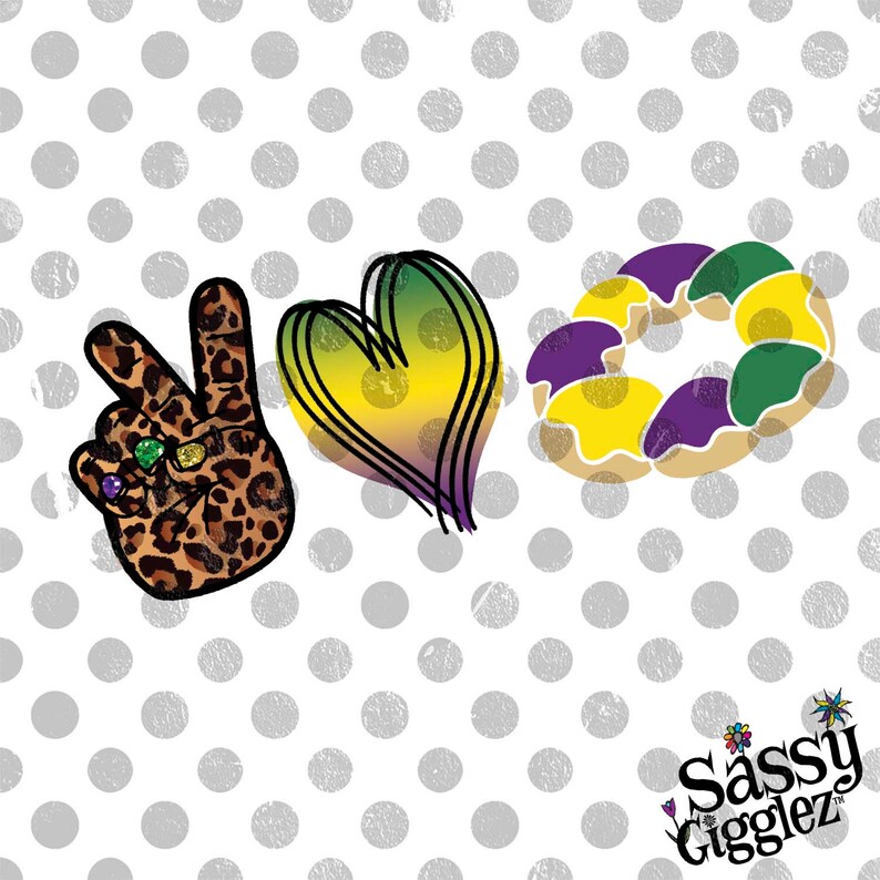 Pode incluir: Um sinal de paz, um cora&ccedil;&atilde;o e um donut com cobertura roxa, verde e amarela em um fundo branco com bolinhas cinzas. O texto "Sassy Gigglez" est&aacute; no canto inferior direito.