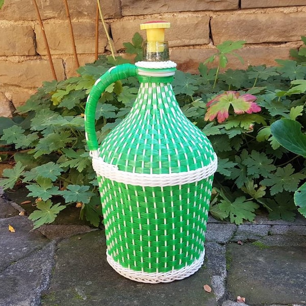 Wicker bottle ,Glass bottle wrapped in plastic ,Handmade knotted flask , Retro water bottle ,Covered wine jug , Demijohn ,Vintage Hand Blown