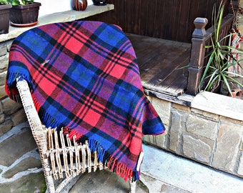 Wool blanket, pure woolen blanket, wool throw, blue  and red plaid blanket