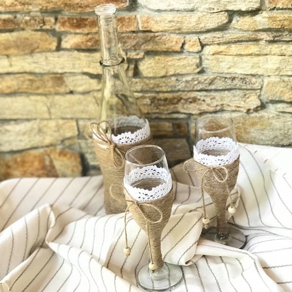 set of bottle and two wine glasses,hand made, rustic set,Natural Brown Shabby  twisted with twine glasses,twisted bottle with twine,