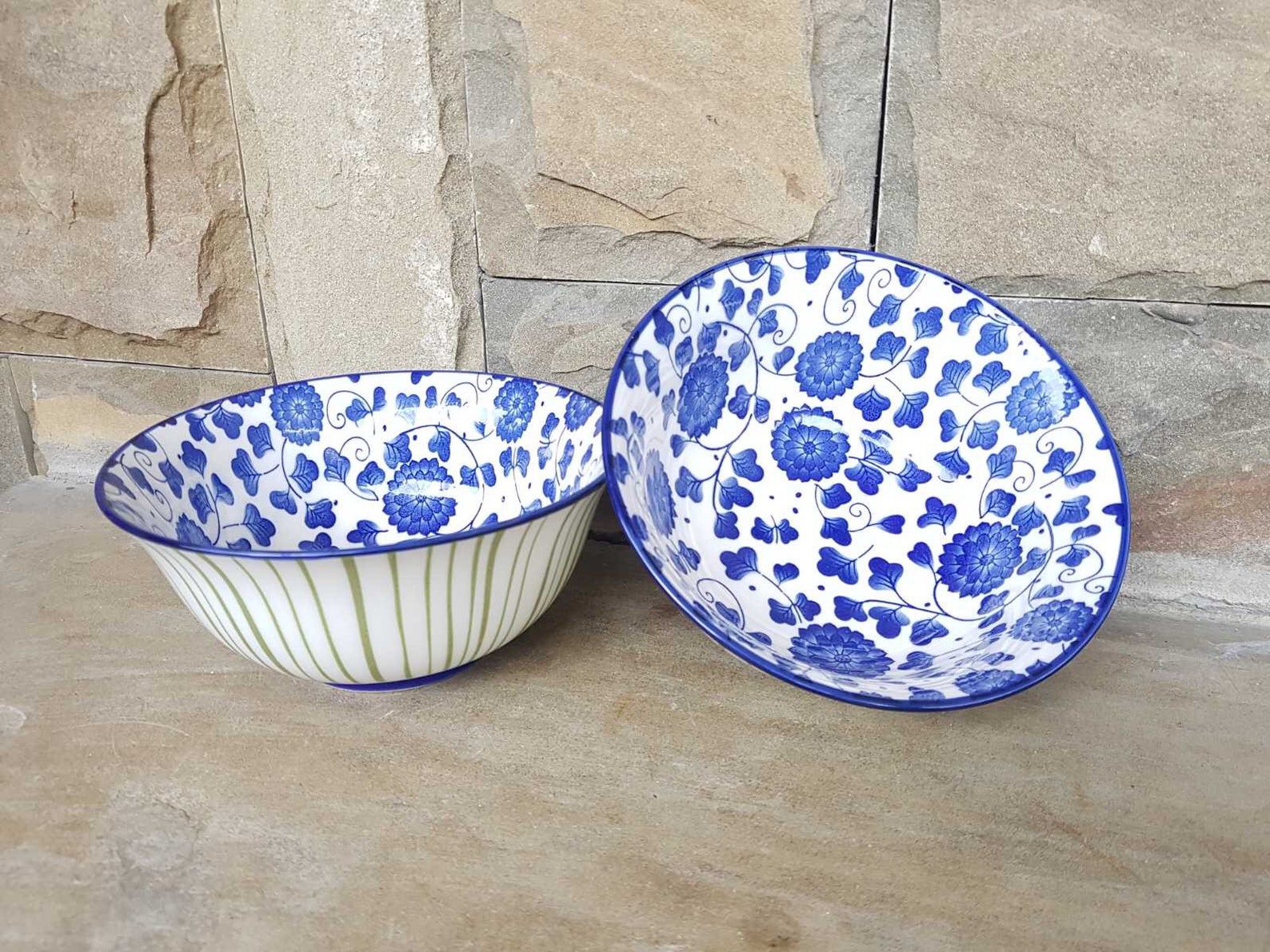 Beautiful Bowls With Blue Flowers,two Serving Bowls, Soup Bowls, Handmade Bowls,hand Painted
