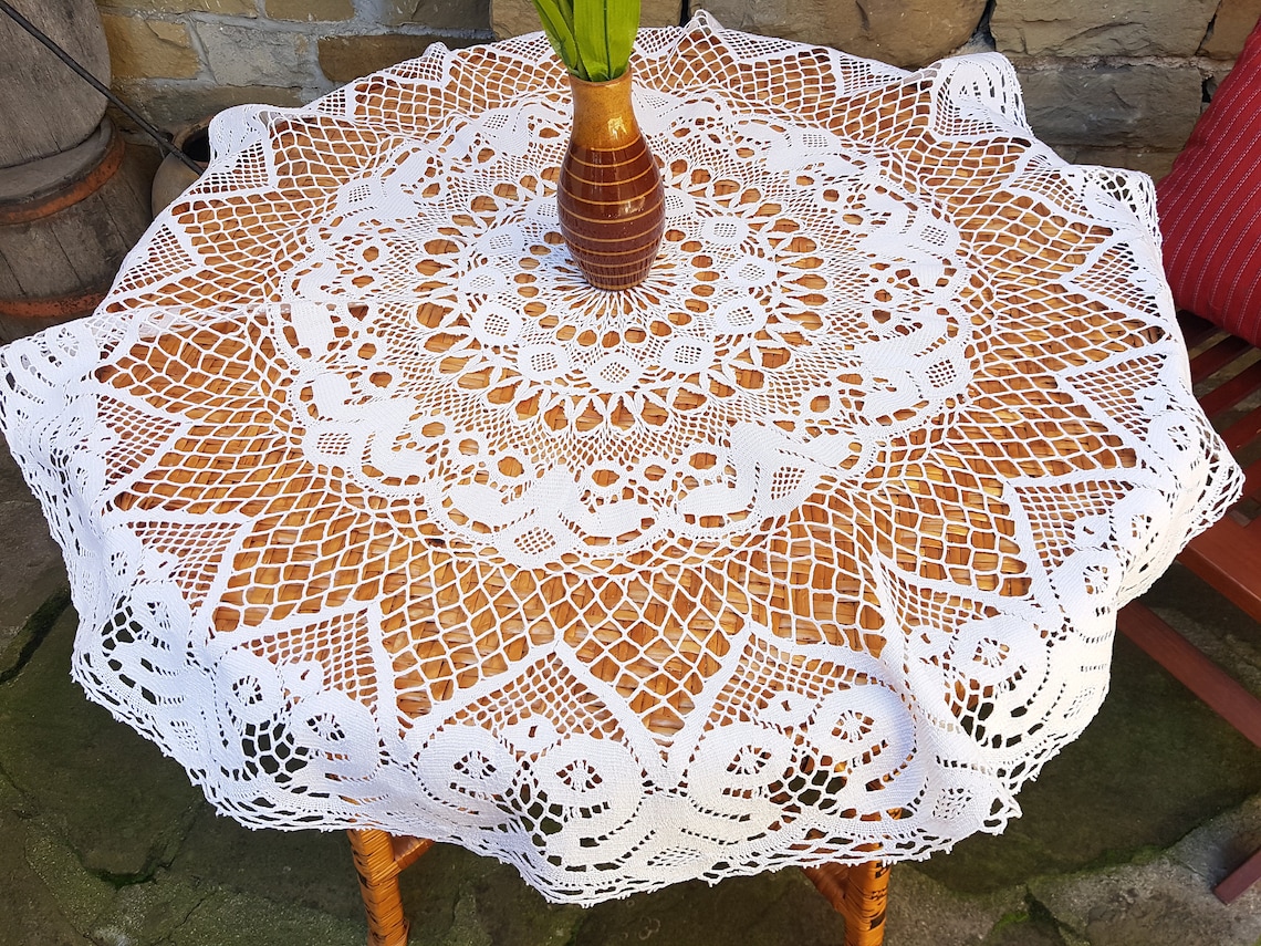 Round Crocheted Tablecloth hand knit cover Vintage Handmade Etsy